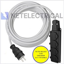 Kauçuk 4'lü 10 Metre Topraklı Grup Priz - 3x1.5 Ttr Tam Bakır Beyaz Kablo