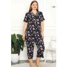 Alimer Kadın Siyah Bahar Dalı Kısa Kollu Dantelli V Yaka Büyük Beden Bermuda Pijama Takımı EDY2708B-S