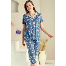 Alimer Kadın Indigo Bahar Dalı Kısa Kollu Dantelli V Yaka Kaprili Viskon Pijama Takımı EDY2708İ