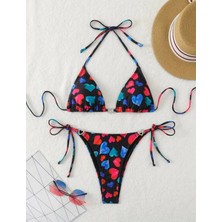 Amor Face Özel Tasarım Renkli Kalpler Baskılı Üçgen Brazilian Sexy Kadın Scuba Bikini Takımı