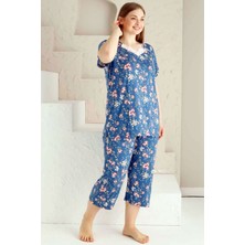 Alimer Kadın Indigo Bahar Dalı Kısa Kollu Dantelli V Yaka Büyük Beden Bermuda Pijama Takımı EDY2735B-İ