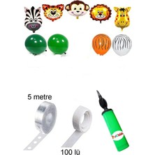 Bkmc Tropikal Safari Temalı Zincir Balon - 80 Balon Zincir Folyo Kafalar Pompa Balon Yapışkanı
