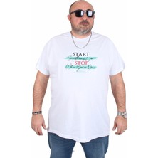 Moc Grande Erkek Büyük Beden Sıfır Yaka Tişört Start Stop 25178 Beyaz