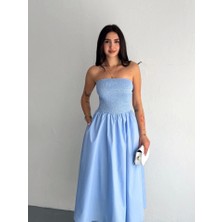 Straplez Pileli Elbise - Açık Mavi