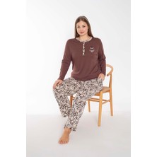 Senfoni Kahve/bej Kadın Uzun Kollu Battal Pijama Takımı