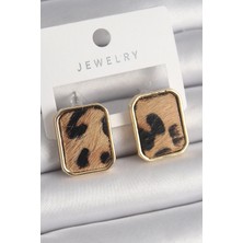 Shopzum Pirinç Gold Renk Kare Leopar Desen Model Kadın Küpe