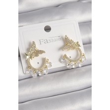 Shopzum Pirinç Gold Renk Zirkon Taşlı Sallantı Detay Kelebek Model Kadın Küpe