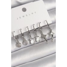 Shopzum Pirinç Gümüş Renk Sallantı Kare Zirkon Taşlı Yıldız Model Kadın Küpe Seti