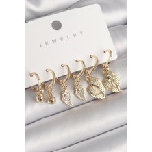 Shopzum Pirinç Gold Renk Sallantı Zirkon Taşlı Kanat Model Topçuk Detay Kadın Küpe Seti