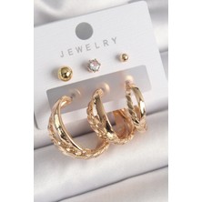 Shopzum Pirinç Gold Renk 3'lü Halka Model Zirkon Taş Topçuk Model Kadın Küpe Seti