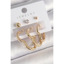 Shopzum Pirinç Gold Renk Kalp Model Zirkon Taşlı Topçuk Detay Kadın Küpe Seti