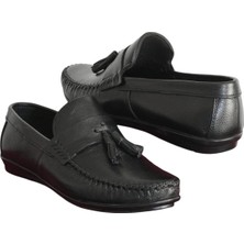 Hon's Deri Loafer Siyah Erkek Ayakkabı Topuk Pedli Kauçuk Taban Bağcıksız Püsküllü Smp