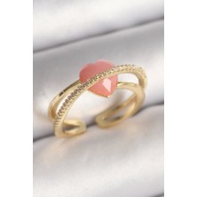 Shopzum Pirinç Gold Renk Pembe Kristal Kalp Model Zirkon Taş Detaylı Kadın Yüzük