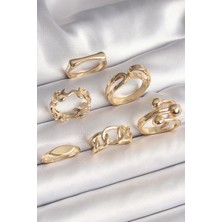 Shopzum Pirinç Gold Renk Dal İşlemeli Yüzük Topçuk Detay 6'lı Kadın Yüzük Seti