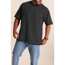 Caliente Bisiklet Yaka Erkek Kadın/kız Uyumlu Çizgili Oversize Pamuklu T-Shirt