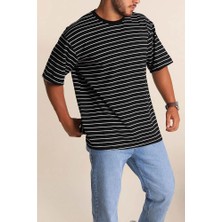 Caliente Bisiklet Yaka Erkek Kadın/kız Uyumlu Çizgili Oversize Pamuklu T-Shirt