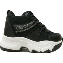 Flet Siyah Beyaz Yüksek Topuklu Bağcıklı Sneakers Spor Ayakkabı