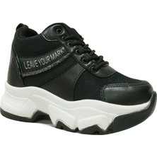 Flet Siyah Beyaz Yüksek Topuklu Bağcıklı Sneakers Spor Ayakkabı