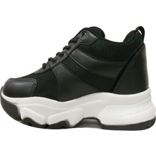 Flet Siyah Beyaz Yüksek Topuklu Bağcıklı Sneakers Spor Ayakkabı