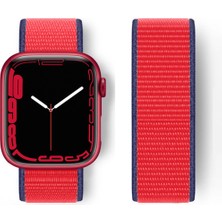  Apple Watch 45MM Uyumlu Hasır Kordon Kumaş Kayış Cırtcırtlı Kordon - Lacivert-Kırmızı