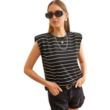 Caliente Kadın Çizgili Bisiklet Yaka Omuzu Vatkalı Rahat Kalıp Pamuklu Kolsuz T-Shirt