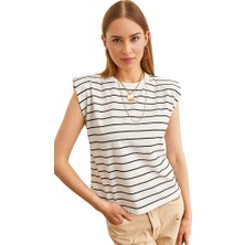 Caliente Kadın Çizgili Bisiklet Yaka Omuzu Vatkalı Rahat Kalıp Pamuklu Kolsuz T-Shirt