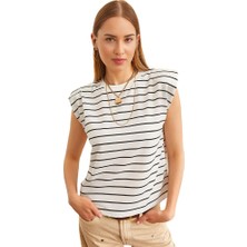 Caliente Kadın Çizgili Bisiklet Yaka Omuzu Vatkalı Rahat Kalıp Pamuklu Kolsuz T-Shirt