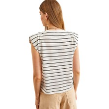 Caliente Kadın Çizgili Bisiklet Yaka Omuzu Vatkalı Rahat Kalıp Pamuklu Kolsuz T-Shirt