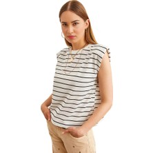 Caliente Kadın Çizgili Bisiklet Yaka Omuzu Vatkalı Rahat Kalıp Pamuklu Kolsuz T-Shirt