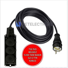 Kauçuk 3'lü Topraklı Grup Priz Uzatma Kablosu 10 Metre  3x1.5 Mm² Ttr Siyah Kablolu