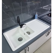 Granite Rising Granit Eviye - Beyaz Renk - 100X50 cm - 1.5 Gözlü Damlalıklı Mutfak Eviyesi