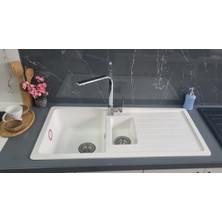 Granite Rising Granit Eviye - Beyaz Renk - 100X50 cm - 1.5 Gözlü Damlalıklı Mutfak Eviyesi