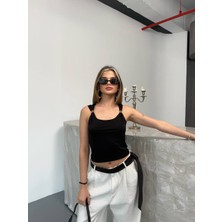 Kadın Gold Detaylı Dalgıç Kumaş Crop Bluz