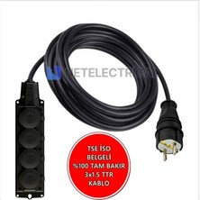 Kauçuk 4'lü Topraklı Grup Priz Uzatma Kablosu 10 Metre  3x1.5 Mm² Ttr Siyah Kablolu