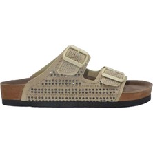 Shoemix Bej Taşlı Çift Bant Kadın Terlik- MTM-0048