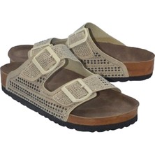 Shoemix Bej Taşlı Çift Bant Kadın Terlik- MTM-0048
