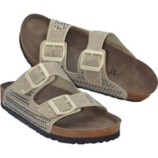 Shoemix Bej Taşlı Çift Bant Kadın Terlik- MTM-0048