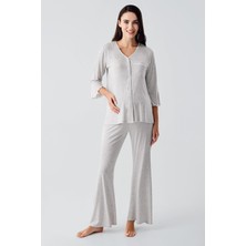 Düğmeli Uzun Kollu Kısa Esnek Viskoz Hamile Pijama Takımı 16207