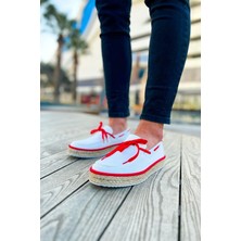 Shoecide SHO311 Bağcıklı Jüt Taban Espadril Erkek Ayakkabı Beyaz/kırmızı