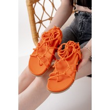 Deri Bayan Sandalet 1001-1001 Orange Bilekten Bağcıklı Kadın Sandalet