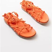 Deri Bayan Sandalet 1001-1001 Orange Bilekten Bağcıklı Kadın Sandalet