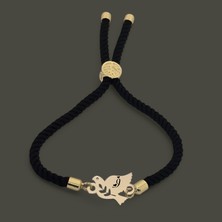 Archin Zarif Kuş Motifli Siyah Örgü Det Aylı ve 14  Ayar Altın Plakalı  Harfe Özel Bileklik