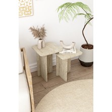 Kare Zigon Sehpa Takımı, 2 Li Set, Yan Sehpa - Traverten Desen