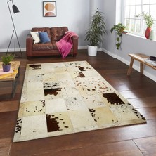 Krem ve Kahverengi Benekli Dana Derisi Patchwork Halı
