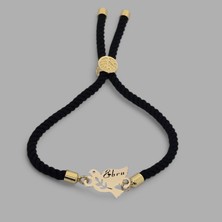 Archin Özel Kuş Motifli Siyah Örgü Desenli ve 14  Ayar Altın Plakalı İsme Özel Bileklik