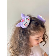Kız Çocuk Sanrio Kuromi Figürlü Yumuşak Dokulu Peluş Mor Renk Pensli Ikili Yan Toka (Sticker Hediyeli)