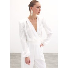 Kruvaze Desenli Bodysuit Bluz - Ekru