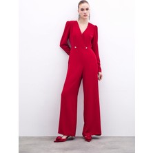 Sateen Kruvaze Süs Taşlı Krep Tulum - Kırmızı