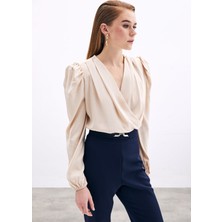 Sateen Kruvaze Vatkalı Bodysuit - Bej