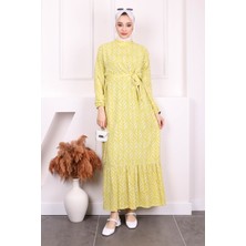 İmaj Butik Fıstık Yeşili Desenli Eteği Katlı Viscon Elbise